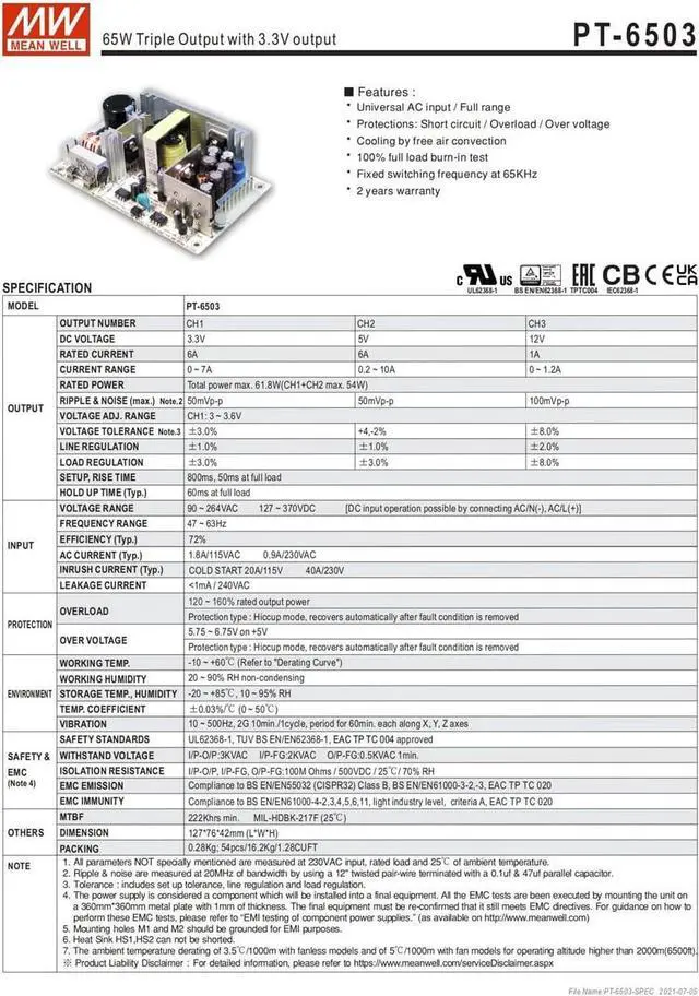 Alt view image 5 of 6 - MW Mean Well PCB Type PT-6503 Industrial Triple Output Switching Power Supply (PT-6503)