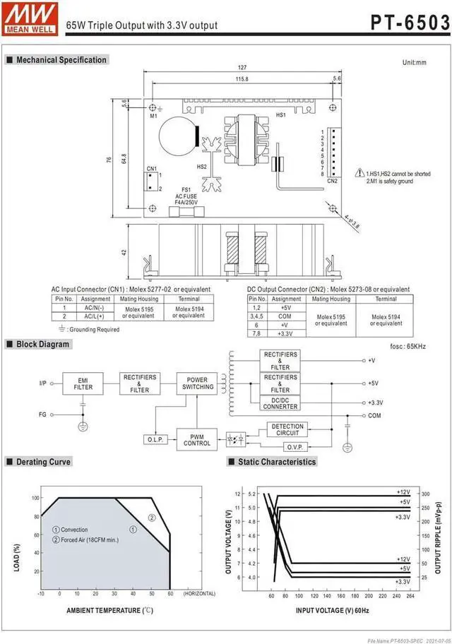 Alt view image 6 of 6 - MW Mean Well PCB Type PT-6503 Industrial Triple Output Switching Power Supply (PT-6503)