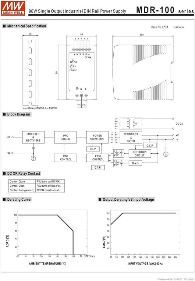 Alt view image 7 of 7 - MW Mean Well Plastic Case MDR-100W-12/24/48V Ultra Slim Class I Single Output Industrial DIN Rail AC-DC Power Supply (MDR-100-24)
