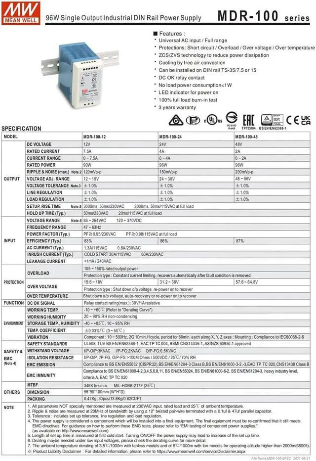 Alt view image 6 of 7 - MW Mean Well Plastic Case MDR-100W-12/24/48V Ultra Slim Class I Single Output Industrial DIN Rail AC-DC Power Supply (MDR-100-24)