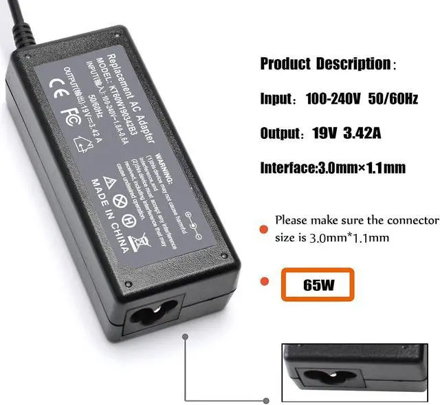 Alt view image 3 of 6 - 65W AC Adapter Charger for Acer Chromebook 11 R11 13 14 15 C720 C730 C731 CB3 CB5 CB3-111 CB3-131 CB3-132 CB5-311 CB3-431 CB3-531;Aspire P3 P3-131 R11 R14 R5-471T S7 S7-191 S7-391 S7-392 PA-1450-26