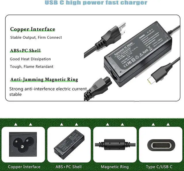 Alt view image 3 of 7 - 65W 45W 20V USB C Type C Charger for Lenovo Thinkpad T480 T480s T580 T490s E480 E580 C930 C940 X280 C330 S330 100e 300e Yoga 730 730s 920 ADLX65YDC2A ADLX65YCC3A Laptop Adapter Power Cord
