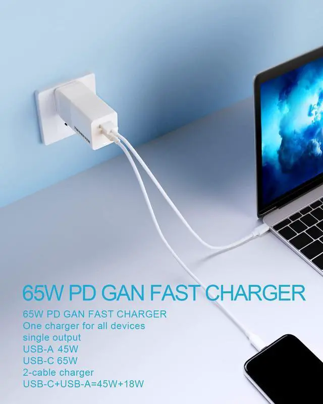 Alt view image 4 of 7 - 65W USB C Charger,TJFOREVER PD 3.0 GaN Charger Foldable Adapter with 2-Port Fast Wall Charger Compatible for iPhone 13 Pro Max/13 Pro/13/13Mini/12,MacBook Pro,iPad Pro,Switch,Galaxy S21/S20 and More
