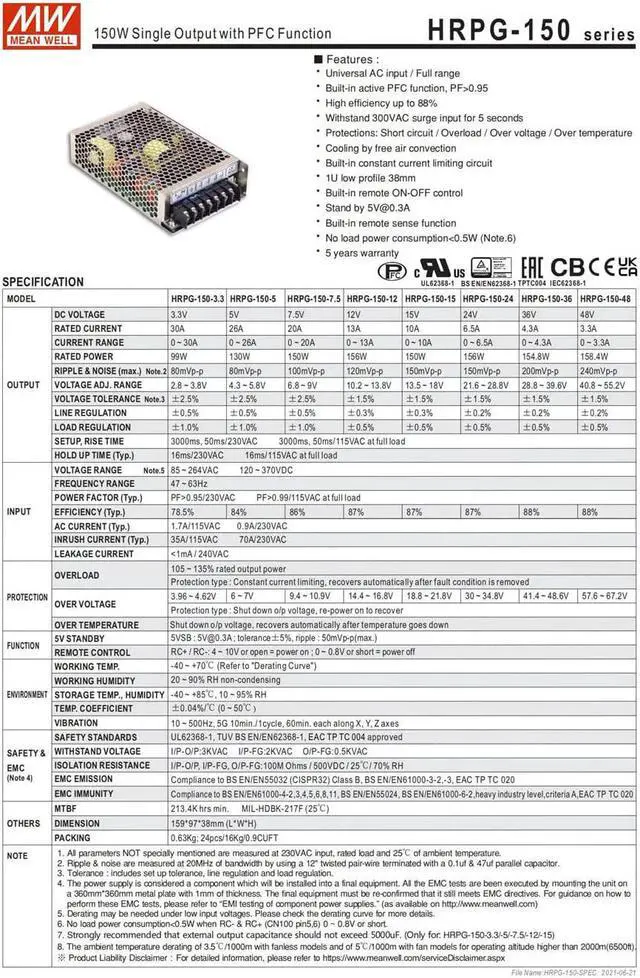Alt view image 5 of 6 - MW Mean Well Enclosed Type HRPG-150W-12/15/24/3.3/36/48/5/7.5V PFC HRP(G) Series 150W Single Output with PFC Function Power Supply (HRPG-150-12)
