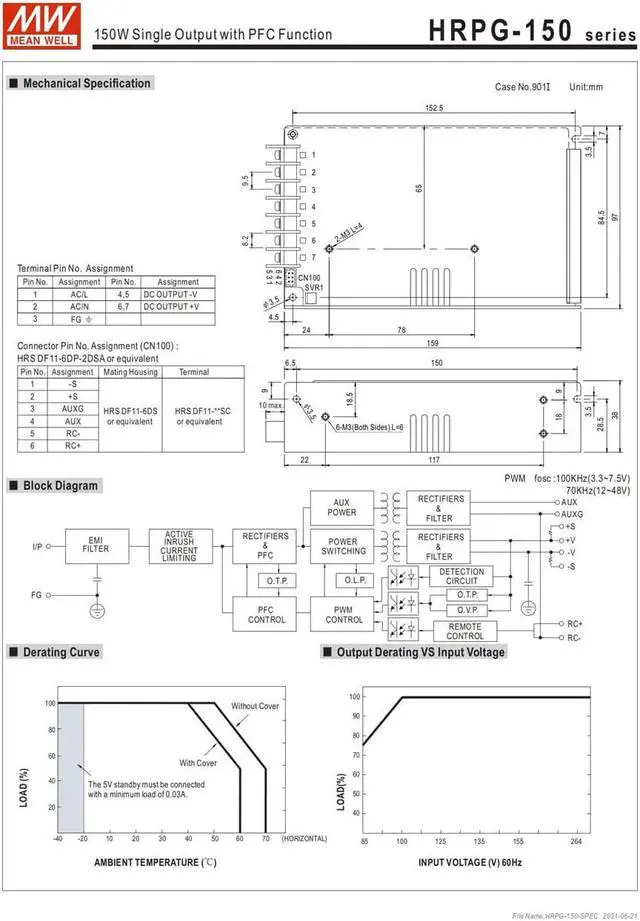 Alt view image 6 of 6 - MW Mean Well Enclosed Type HRPG-150W-12/15/24/3.3/36/48/5/7.5V PFC HRP(G) Series 150W Single Output with PFC Function Power Supply (HRPG-150-12)