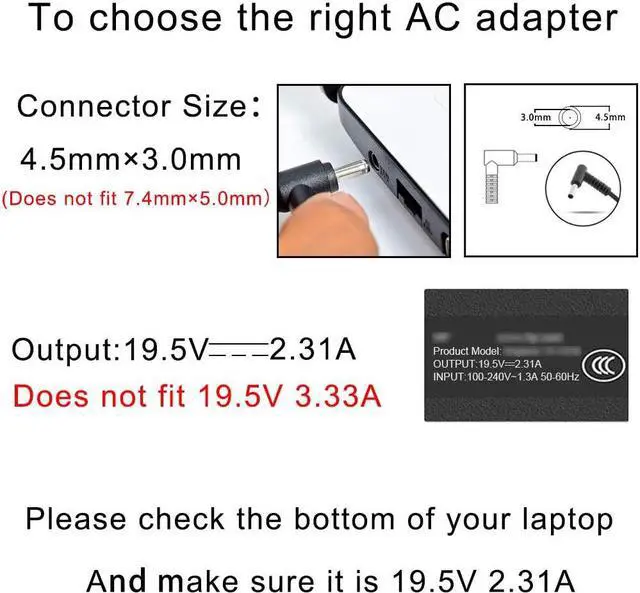 Alt view image 2 of 7 - for Hp Laptop Charger, 19.5V 45W Hp Pavilion Charger Compatible with Pavilion x360 11 13 15;hp Stream 13 11 14;hp touchsmart 11 13 15; Elitebook Folio 1040 G1[UL Listed, 8.8ft Power Cord]