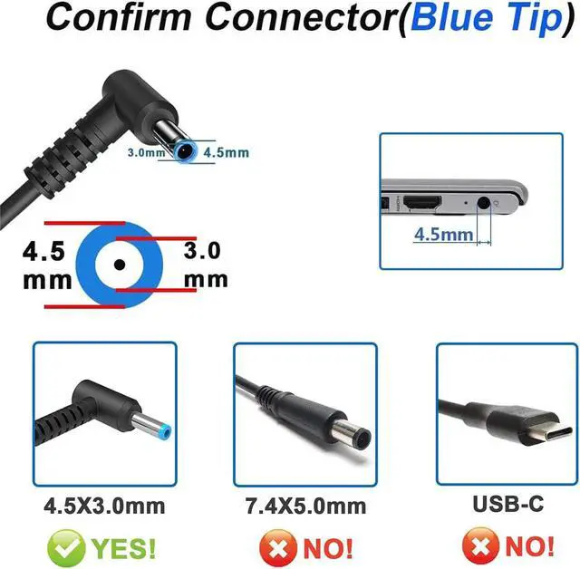 Alt view image 2 of 7 - 65W 45W Laptop Charger Compatible with HP ProBook X360 11 640 G2 650 G6 EliteBook 820 830 840 850 725 745 755 G3 G4 Pavilion x360 11 13 15 Power Supply Cord(4.5x3.0mm)