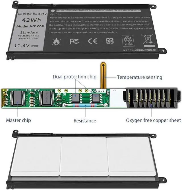 Alt view image 6 of 7 - WDX0R WDXOR Notebook Battery for dell Inspiron 15 5565 5567 5568 5578 7560 7570 7579 7569 13 5368 5378 7368 7378 17 5765 5767 5770 Series; fit dell Type 3CRH3 T2JX4 FC92N CYMGM