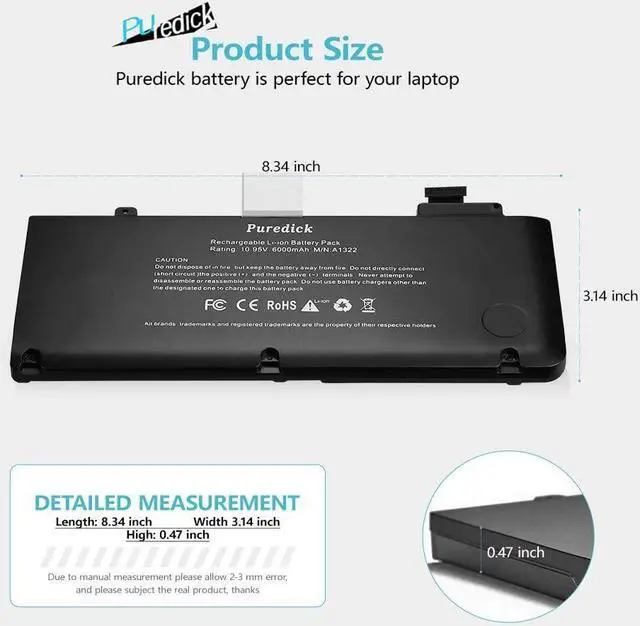 Alt view image 5 of 7 - A1322 A1278 Battery, Puredick Replacement Battery A1278 for MacBook Pro 13 inch [2009 2010 2011 2012 Version] - High-Performance and Longevity [10.95V 65.7Wh]