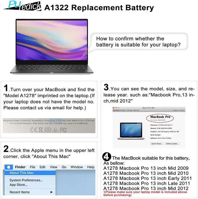 Alt view image 2 of 7 - A1322 A1278 Battery, Puredick Replacement Battery A1278 for MacBook Pro 13 inch [2009 2010 2011 2012 Version] - High-Performance and Longevity [10.95V 65.7Wh]