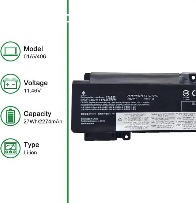 Alt view image 2 of 6 - JIAZIJIA 01AV406 Laptop Battery Replacement for Lenovo ThinkPad T460S T470S Series Notebook Internal SB10J79003 00HW038 00HW025 00HW024 01AV462 01AV405 01AV407 01AV408 Black 11.46V 27Wh 2274mAh 3-Cell