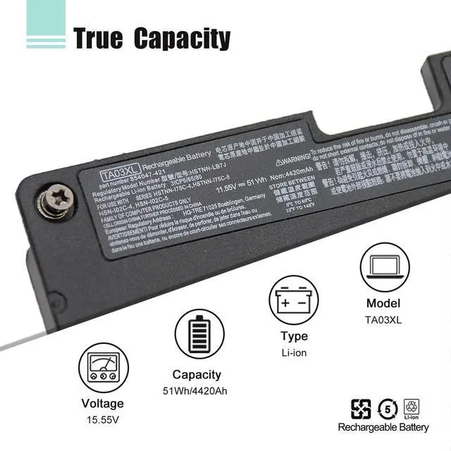 Alt view image 2 of 7 - BOWEIRUI Replacement Laptop Battery for Hp TA03XL (11.55V 51Wh) EliteBook 755 G4 840 G4 848 G4 850 Series HSTNN-IB7L 854047-1C1 854108-850 996QA101H TA03051XL HSTNN-172C-4 HSTNN-175C-5 HSTNN-I72C-4