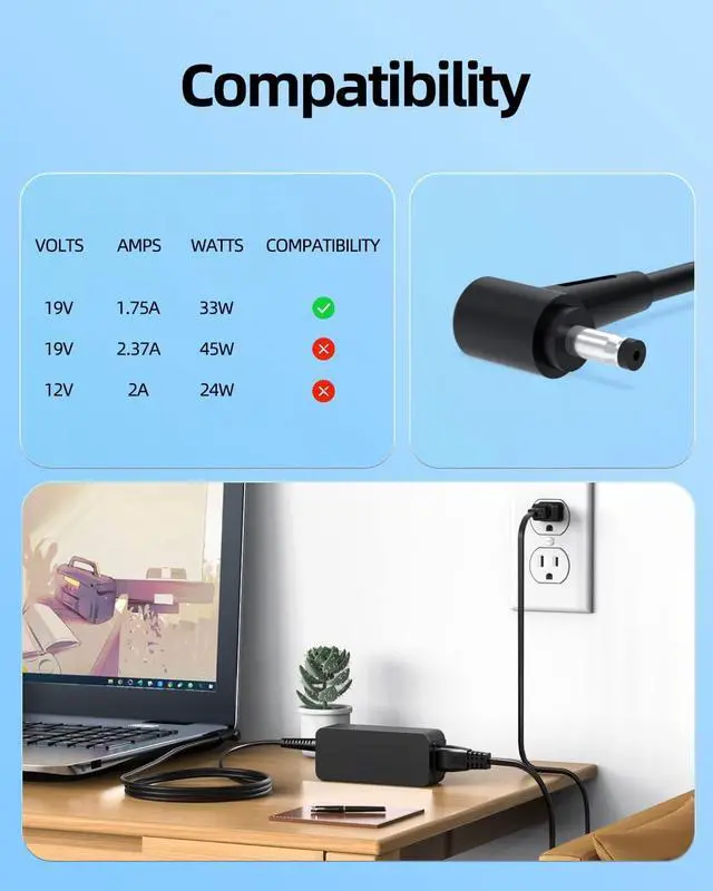 Alt view image 4 of 7 - 33W AC Charger Fit for Asus Imaginebook MJ401TA MJ401T MJ401 Vivobook L203MA L203M L203 Laptop Power Supply Adapter Cord