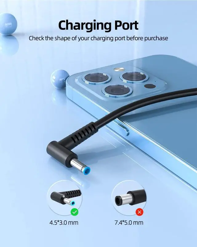 Alt view image 3 of 7 - Superer 45W Model Charger Fit for HP 14-dq2xxx 14-dq0xxx 14-dq1xxx 14-dk1xxx 14-dk0xxx 14-fq0xxx 14-dy0xxx 14-cf2xxx 14-cf0xxx 14-df0xxx 14-dw0xxx 14-dw1xxx 14-ep0xxx 14-ds Laptop Power Cord Blue Tip