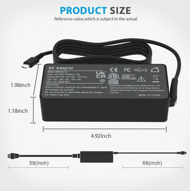 Alt view image 4 of 7 - USB-C Laptop Charger 100W - 100W PD Charger Fit for Lenovo, ThinkPad/Yoga/Slim/ldeapad, HP, Acer, Mac Book Pro/Air 16, 15, 14, 13 Inch, MSI, Dell Computer Tablet Adapter Type C Power Supply Cord