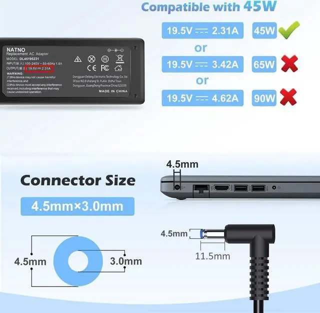 Alt view image 3 of 7 - 19.5V 2.31A 45W Ac Adapter/Laptop Charger/Power Supply for HP 15-BS000 17-BS000: 15-bs168cl 15-bs010ds 15-bs013dx 15-bs060wm 15-bs192od 15-bs033cl 15-bs095ms 15-bs015dx 15-bs020wm 17-bs049dx