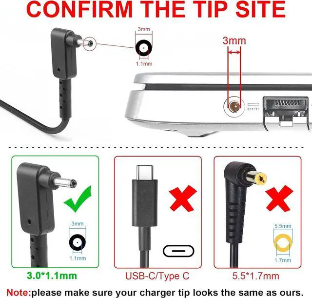 Alt view image 3 of 6 - 65W 19V 3.42A AC Power Adapter Charger for Acer Chromebook 11 13 14 15 R11 CB3-131-C3SZ C720-2103 CB5-571-C1DZ CB3-111-C670 Aspire One Cloudbook 11 14, Connector: 3.0mm * 1.1mm(Not Compatible Type C)