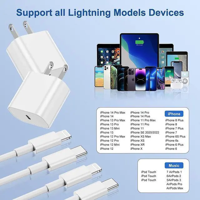 Alt view image 7 of 7 - iPhone Charger Fast Charging Block,[MFi Certified] Wall Charger Plug and 6ft USB C to Lightning Cable Cord, Type C Power Adapter Cube Brick Box for iPhone 14 Pro Max/14/13 Pro/12 Mini/12/11/iPad