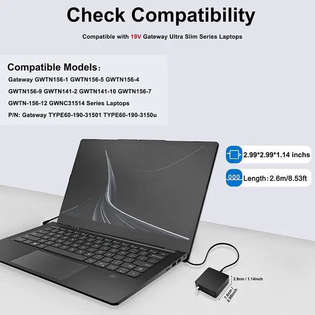 Alt view image 2 of 7 - 19V 3.15A Charger Power Cord for Gateway GWTN156-1 GWTN156-5 GWTN156-4 GWTN156-9 GWTN141-2 GWTN141-10 GWTN156-7 GWNC31514-BK Gateway TYPE60-190-31501U 60-190-31501U Laptop Charger