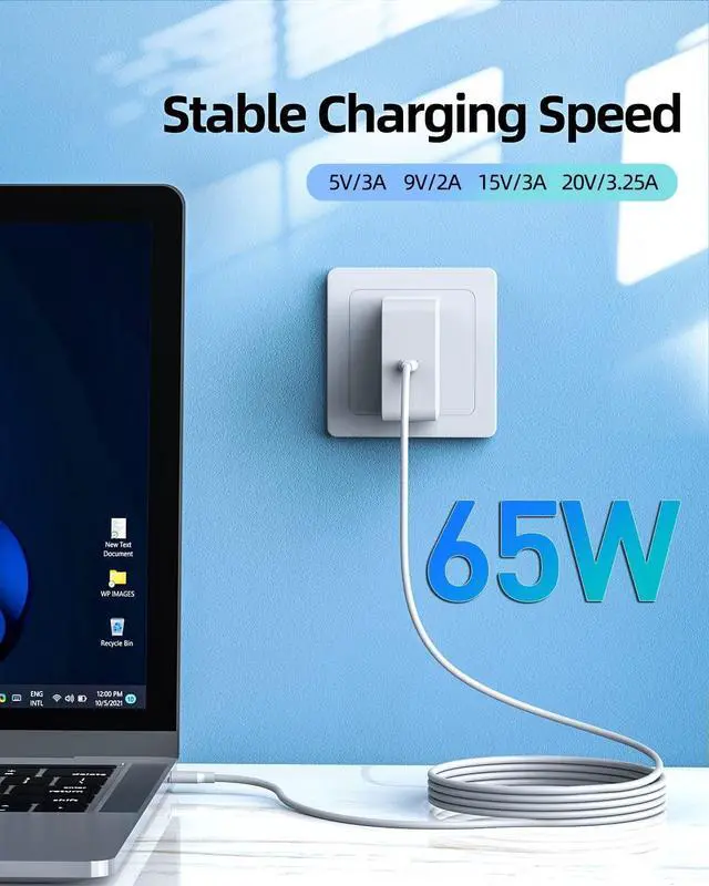 Alt view image 3 of 6 - 65W Fast Charger Fit for  Laptop Charger Galaxy Book Pro Pro 360 Notebook Ep-Ta865  More Devices with USB Type C Connector Foldable Scratch-Resistant Plug PD Detachable 7.5FT Cable