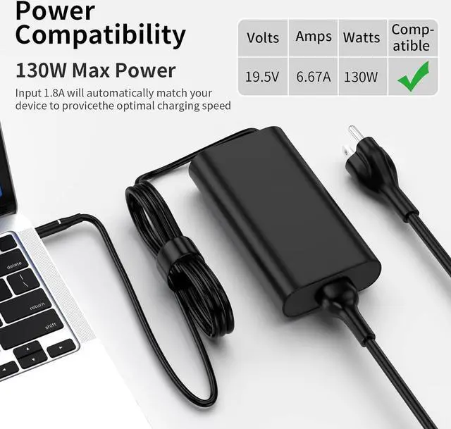 Alt view image 7 of 7 - 130W USB C Type C Laptop Charger Compatible with Dell XPS 15 2in1 9575 Latitude 9410 9510 9575 7310 7410 7210 5420 5510 5520 Precision 5530 2in1 5550 5750 3560 3550 3551 Type C AC Adapter