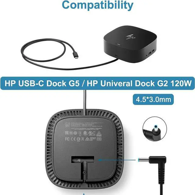 Alt view image 3 of 7 - 120W 6.15A Charger 710415-001 L41856-001 for HP USB-C Dock G5 5TW10UT 5TW10AA 5TW10AA#ABB 5TW10UT#ABA USB-C/A Universal Dock G2 5TW13AA HP Omen 15-5000 15-5100 15-5200 Laptop Charger