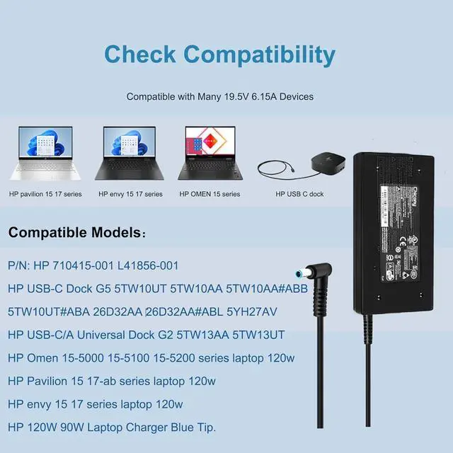 Alt view image 5 of 7 - FLGAN 120W 6.15A Charger 710415-001 L41856-001 for HP USB-C Dock G5 5TW10UT 5TW10AA 5TW10AA#ABB 5TW10UT#ABA USB-C/A Universal Dock G2 5TW13AA HP Omen 15-5000 15-5100 15-5200 Laptop Charger