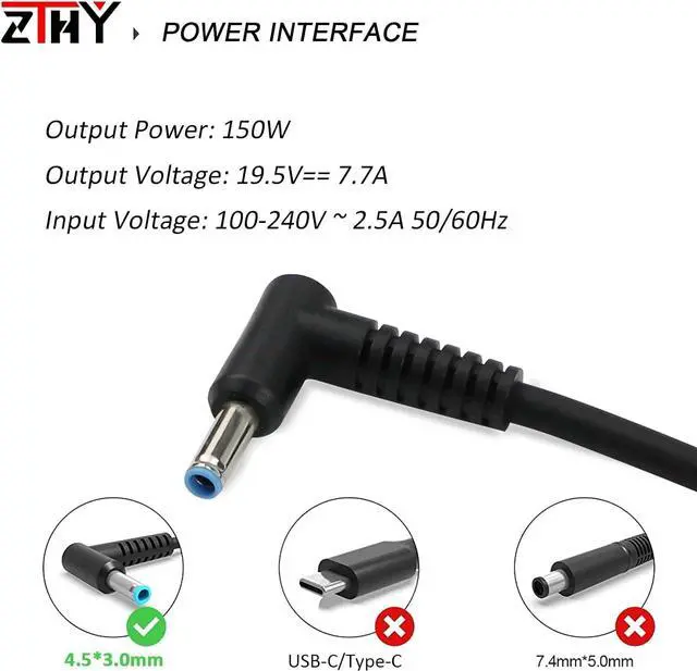 Alt view image 2 of 7 - 150W 19.5V 7.7A Charger Slim 4.5mm Power Adapter Replacement for HP Omen Pavilion 15 17 ZBook 15 G3 G4 G5 G6 Studio Fury 15 17 G7 G8 Stream 13 14 Envy 15 16 17 Spectre X360 13 14 15 EliteBook TPN-DA0