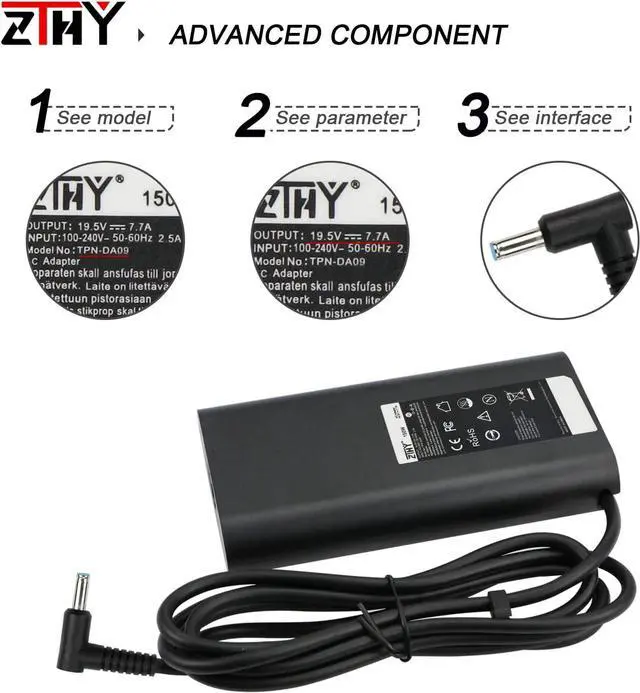 Alt view image 3 of 7 - 150W 19.5V 7.7A Charger Slim 4.5mm Power Adapter Replacement for HP Omen Pavilion 15 17 ZBook 15 G3 G4 G5 G6 Studio Fury 15 17 G7 G8 Stream 13 14 Envy 15 16 17 Spectre X360 13 14 15 EliteBook TPN-DA0