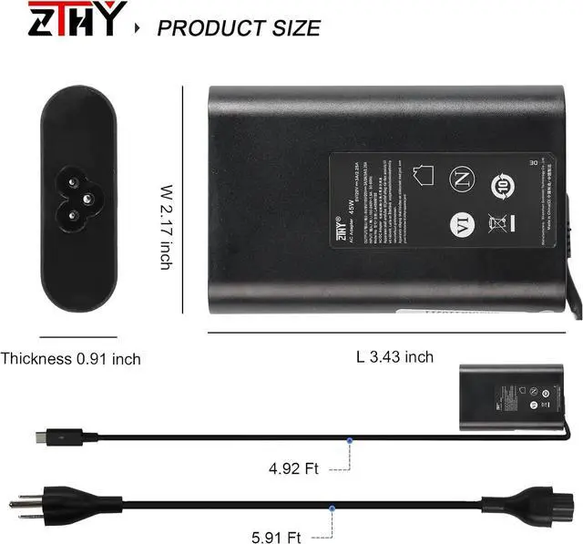 Alt view image 5 of 7 - New 45W USB-C Type C AC Adapter Laptop Charger Replacement for Dell XPS 12 13 9360 9365 9370 9300 9380 9310 2-in-1 Latitude 7200 7210 7370 5175 5285 5290 Chromebook 3100 3400 2in1 LA45NM150 Power