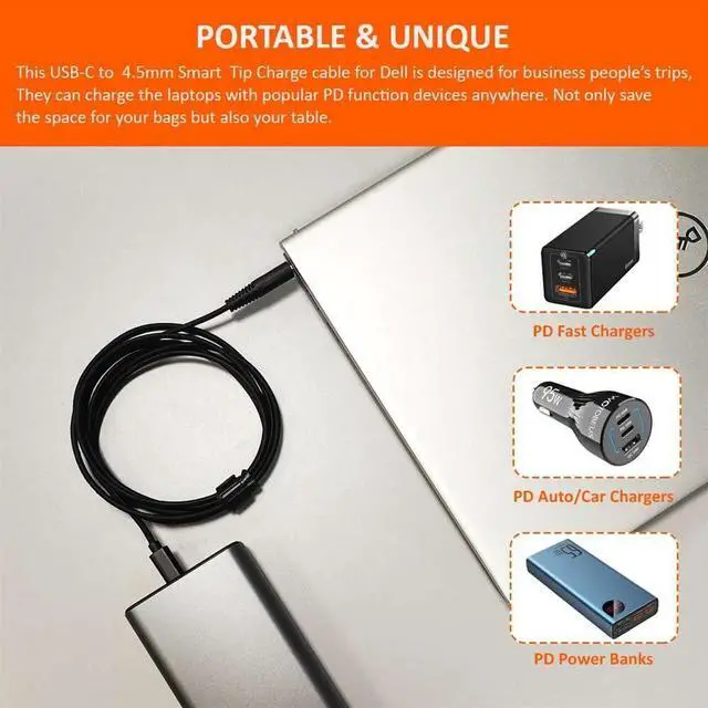 Alt view image 2 of 7 - USB C to Smart Tip Charging Cable for  Laptop Charger 45W 65w 90W 4.5mm Connector for Inspiron 11 13 14 17 15 3000 5000 7000-Nylon Braided 1.8m