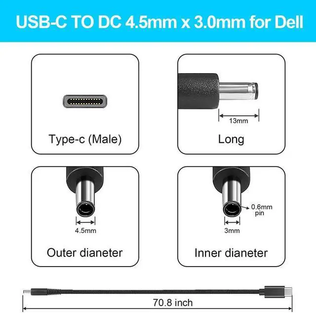 Alt view image 6 of 7 - USB C to Smart Tip Charging Cable for  Laptop Charger 45W 65w 90W 4.5mm Connector for Inspiron 11 13 14 17 15 3000 5000 7000-Nylon Braided 1.8m