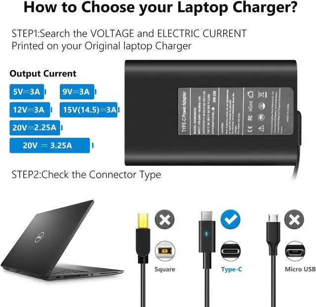 Alt view image 4 of 7 - 65W 45W USB-C Laptop Charger for Dell Latitude 5420 7275 7370 7420 5520 7390 5290 7400 7410 7320 3410 5410 3520 XPS 13 9350 9360 9365 9370 9380 Dell XPS 13 Type C Laptop Charger with Power Cord