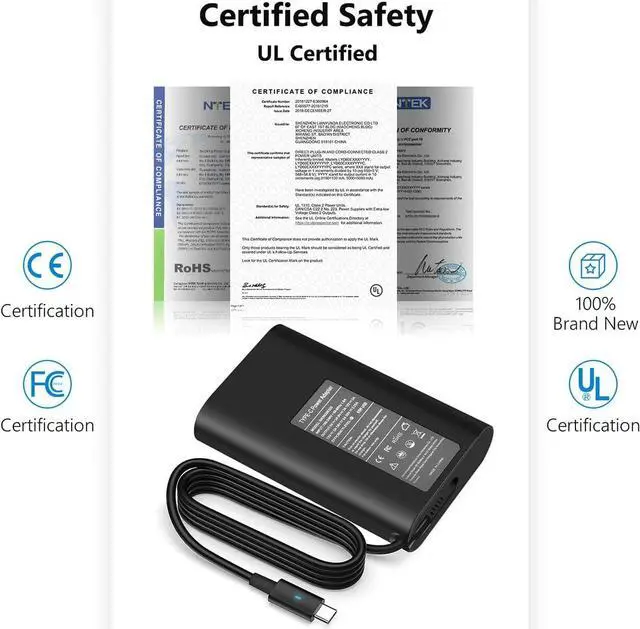 Alt view image 5 of 7 - 65W 45W USB-C Laptop Charger for Dell Latitude 5420 7275 7370 7420 5520 7390 5290 7400 7410 7320 3410 5410 3520 XPS 13 9350 9360 9365 9370 9380 Dell XPS 13 Type C Laptop Charger with Power Cord