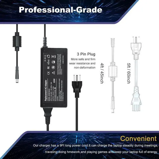 Alt view image 4 of 7 - 65W Laptop Charger for Dell Latitude 13 3301 3310 3390 14 3400 3410 3420 3490 15 3500 3510 3520 3590 Vostro 13 5301 5390 14 5401 5402 5490 15 3558 3559 - UL Listed Adapter