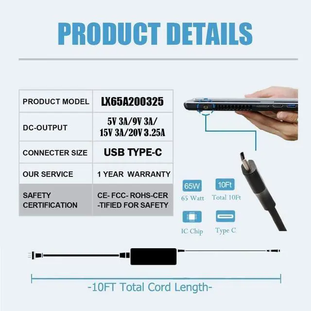 Alt view image 2 of 7 - 65W 45W Universal Chromebook Charger USB C for  Thinkpad/Yoga/Chromebook ADLX65YDC2Afor  Chromebook 3100 Latitude 5420 XPS Series HP    Type C Power Cord 1