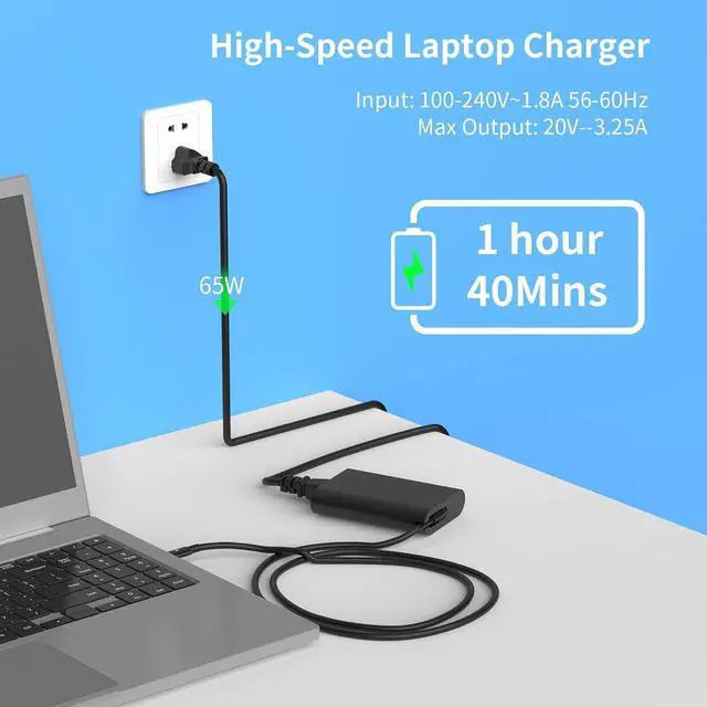 Alt view image 6 of 6 - 65W USB C Laptop Charger for Dell Chromebook 3100 Latitude 5285 5400 5420 5520 7275 7370 7400 7410 7420 XPS 13 9350 9360 9365 9370 9380 Type-C Power Supply Cord