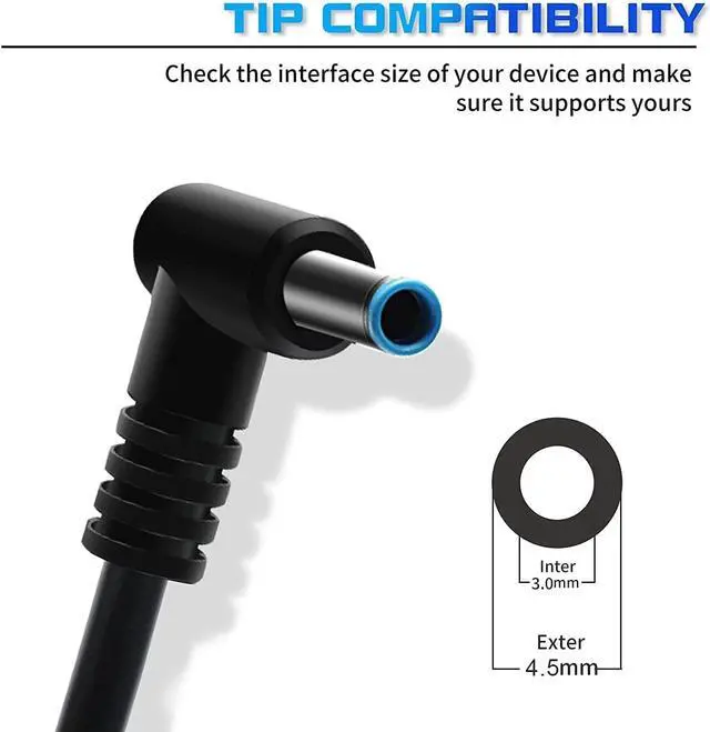 Alt view image 5 of 7 - Compatible with HP Laptop Charger 65W 45W Easy Style Smart Blue Tip 4.5 x 3.0 mm, Replacement for HP Computer/Pavilion/Envy/ProBook/EliteBook/Stream x360, 10ft Power Cord