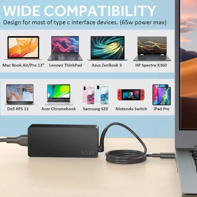 Alt view image 2 of 7 - 65W USB C Charger Compatible with Samsung Galaxy Book Charger, Galaxy Book Pro 360 NP935QDC NP950QDB NP930XDB NP930QDB Laptop, Compatible with Lenovo Thinkpad LG Dell HP Acer Type-c Laptop