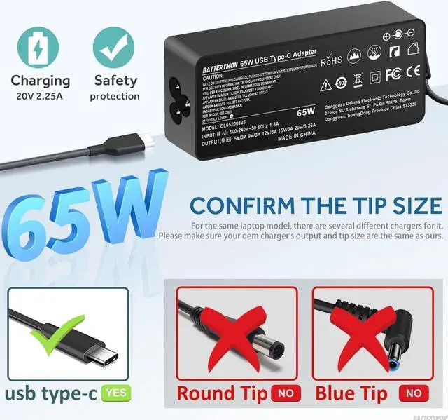 Alt view image 3 of 7 - 65W USB C Charger Compatible with Samsung Galaxy Book Charger, Galaxy Book Pro 360 NP935QDC NP950QDB NP930XDB NP930QDB Laptop, Compatible with Lenovo Thinkpad LG Dell HP Acer Type-c Laptop