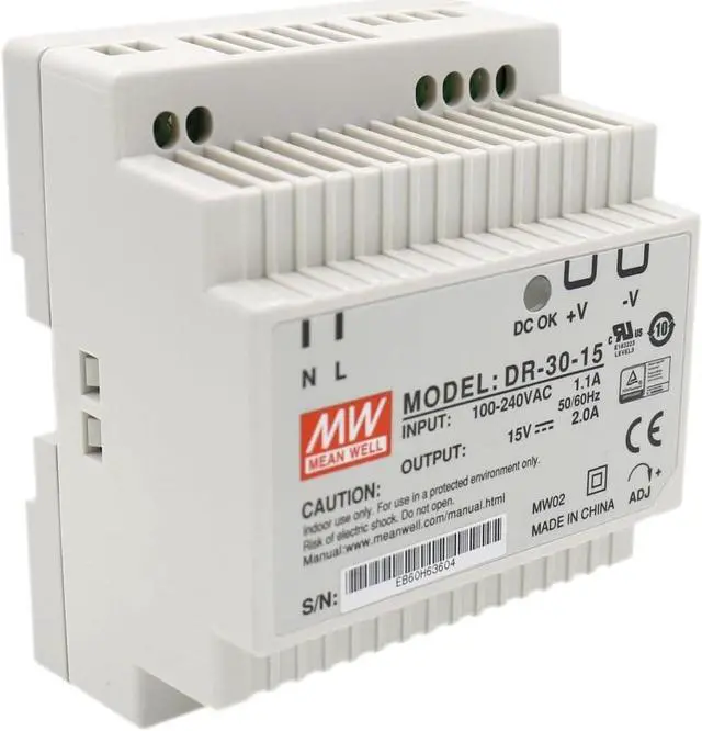 Main image of Heschen AC-DC Switching Power Supply, DR-30-15, 30W 15V 0-2A, DIN-Rail, CE Listed