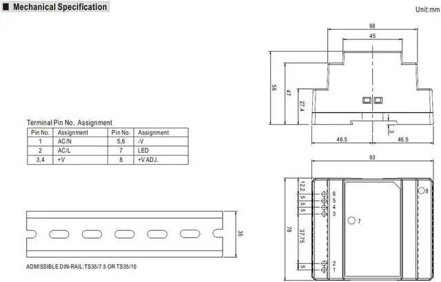 Alt view image 4 of 5 - Heschen AC-DC Switching Power Supply, DR-30-15, 30W 15V 0-2A, DIN-Rail, CE Listed