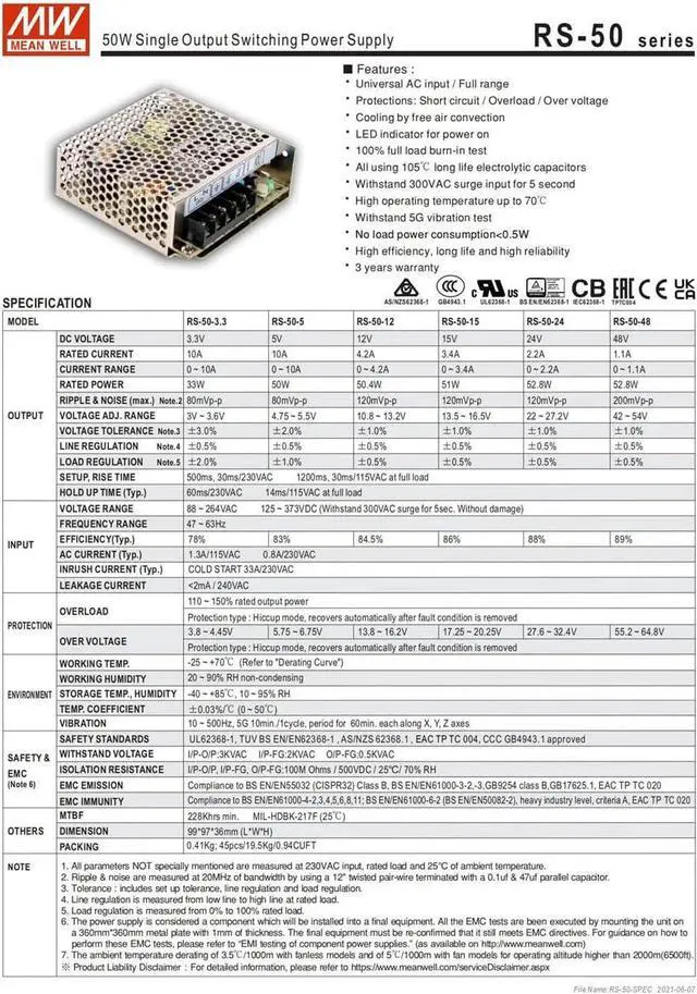 Alt view image 5 of 6 - MW Mean Well Enclosed Type RS-50W-12/15/24/3.3/48/5V Non-PFC (Single Vo) RS Series 50W Single Output Switching Power Supply (RS-50-24)