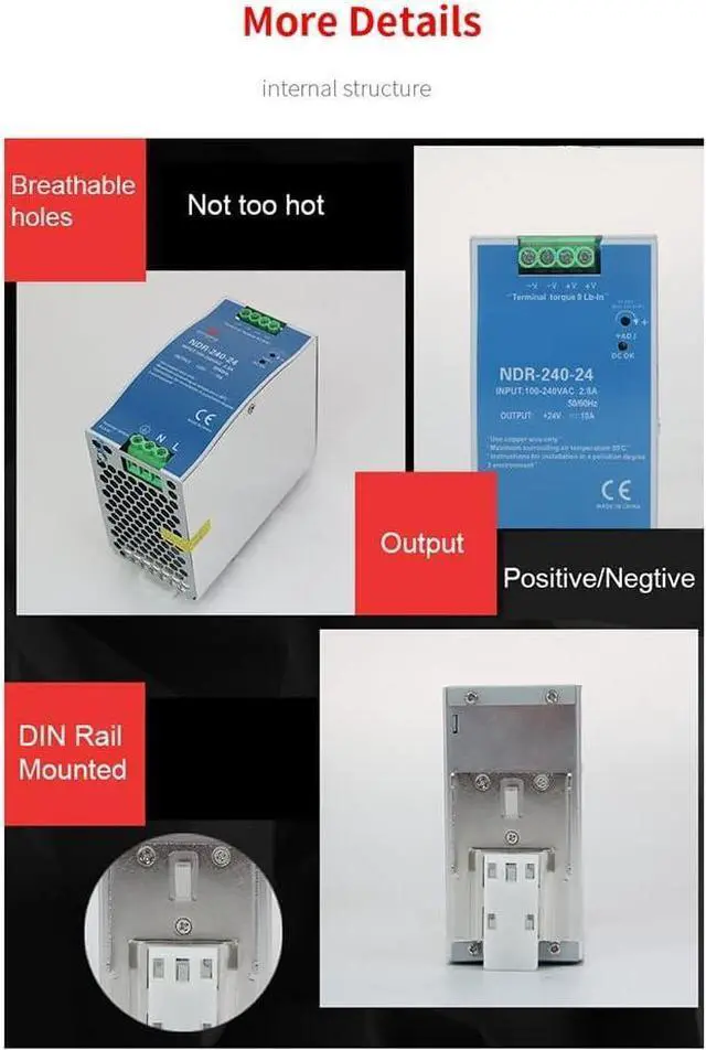 Alt view image 3 of 7 - PRIZOM NDR-240-24 Ultra Thin for Industrial Control Drive Electric Cabinet Switch Power Supply