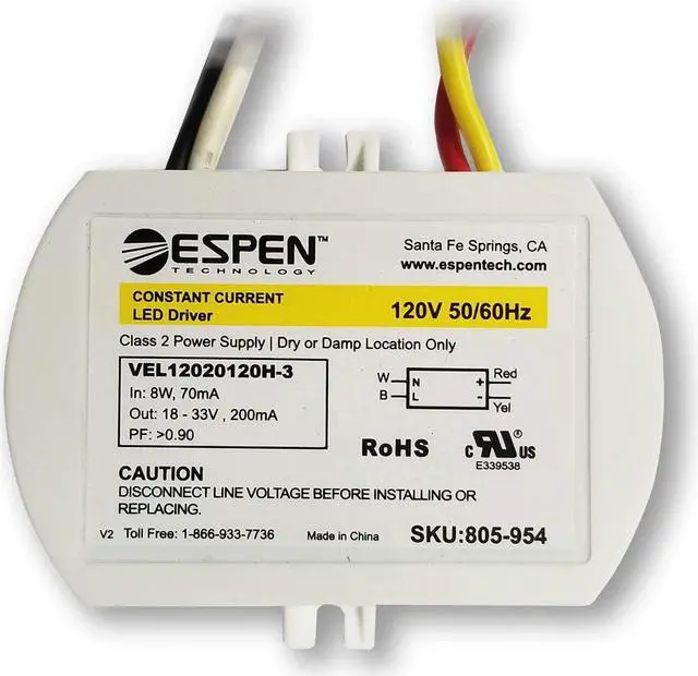 Main image of Espen LED Driver, VEL12020120H-3 (CA) Constant Current, 200 mA, Max. 12W, 120V Input, High Power Factor