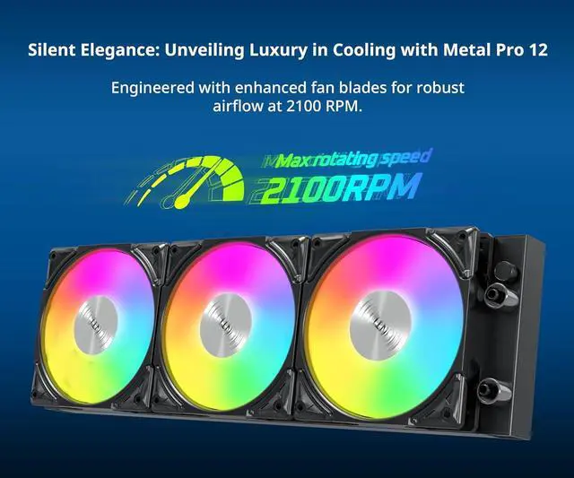 Alt view image 4 of 5 - MONTECH HyperFlow ARGB 360 - AIO CPU Liquid Cooler, Intel&AMD Compatible, Chart-Topping Performance, Enhanced 3100RPM Water Pump Design, 3X Metal Pro 12 ARGB Ultimate Cooling Fans - Black