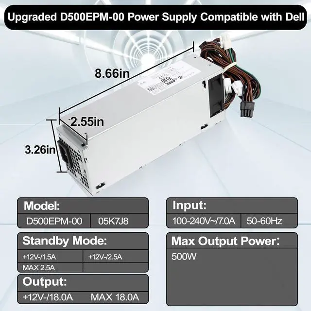 Alt view image 5 of 6 - LXun Upgrad D500EPM-00 H500EPM-00 500W Power Supply Compatible with Dell Optiplex 7070MT 7080MT 7060MT 3050MT 3650 3670 5060 5090 G5-5090 3260 7080XPS 8940MT 4FWF7 5K7J8 Y7R0X H460EBM-00 Power Supply