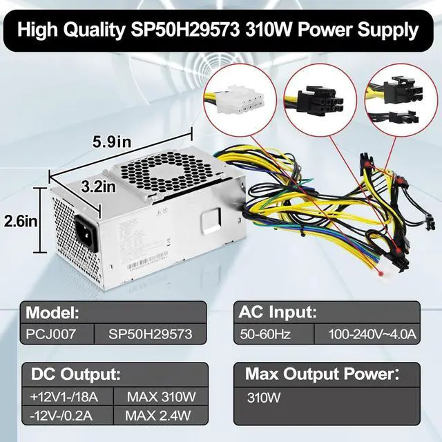 Alt view image 5 of 6 - LXun Upgraded PCJ007 310W Power Supply 10pin Compatible with Lenovo TFX M310 410 415 510 610 710 ThinkCentre M920s 10Pin 310W Power Supply Replaces HK360-71PP PCH015 PCK01210PIN+8/6+2PIN+2 * 4PIN