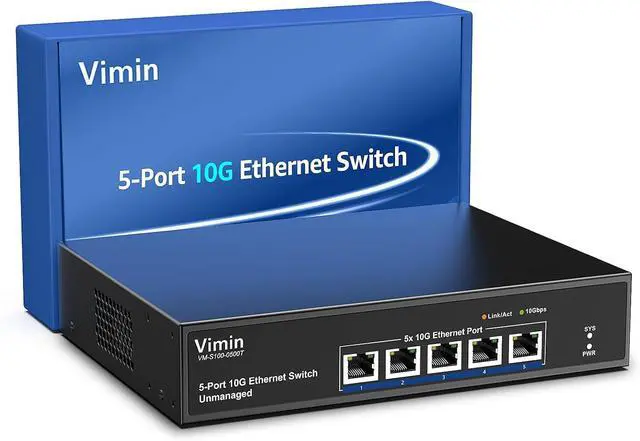 Main image of 5-Port 10G Ethernet Switch Unmanaged, VIMIN 10Gbe Network Switch with Base-T RJ45 Ports Support 100M/1000M/2.5G/5G/10G Speed Auto-Negotiation, for 10G NAS Network,PC,10G NIC, WiFi7 Router,Plug & Play