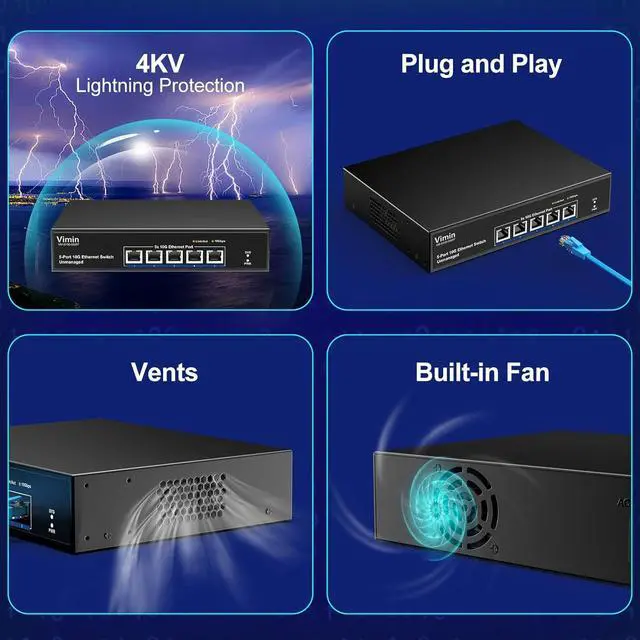 Alt view image 6 of 7 - 5-Port 10G Ethernet Switch Unmanaged, VIMIN 10Gbe Network Switch with Base-T RJ45 Ports Support 100M/1000M/2.5G/5G/10G Speed Auto-Negotiation, for 10G NAS Network,PC,10G NIC, WiFi7 Router,Plug & Play